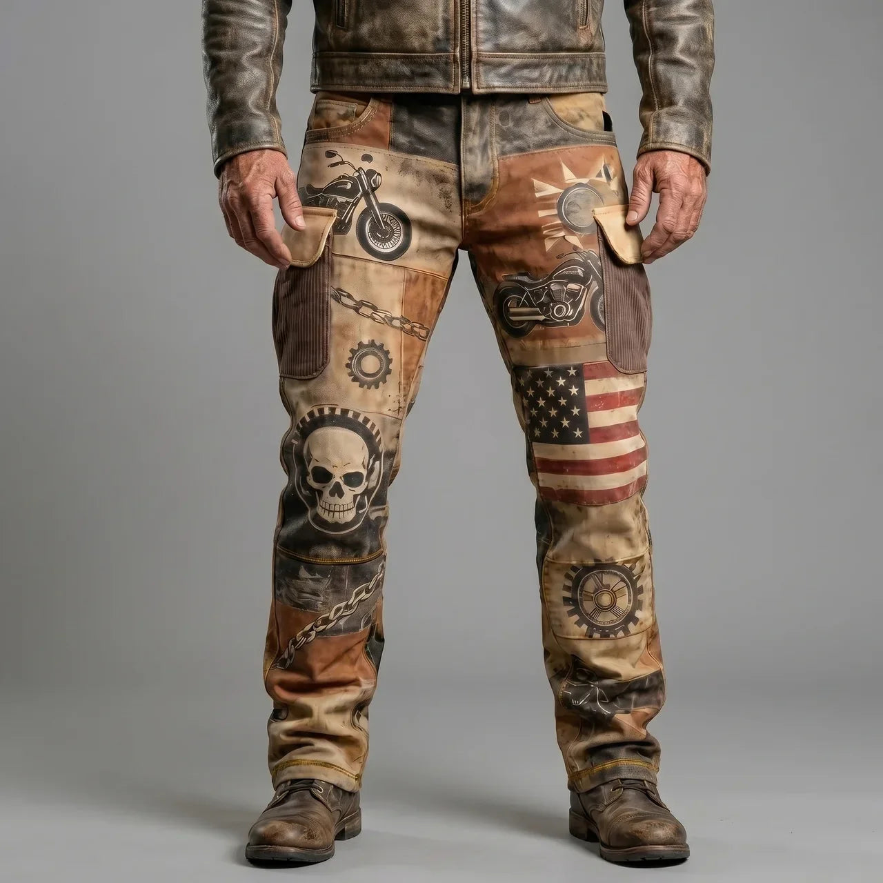 Vintage Motorcycle Print Cargo Pants